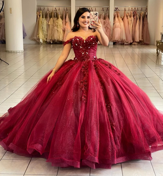 Burgundy Princess Quinceanera Dresses Ball Gown Sweetheart Tulle Appliques Sweet 16 Dresses 15 Años Custom