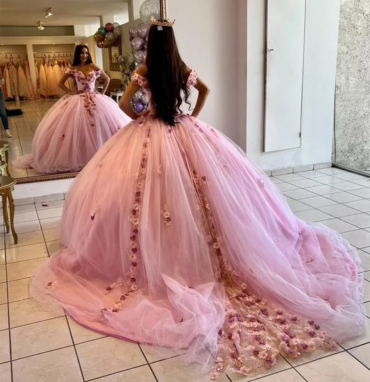 Pink Princess Quinceanera Dresses Ball Gown Off The Shoulder Tulle Appliques Sweet 16 Dresses 15 Años Custom
