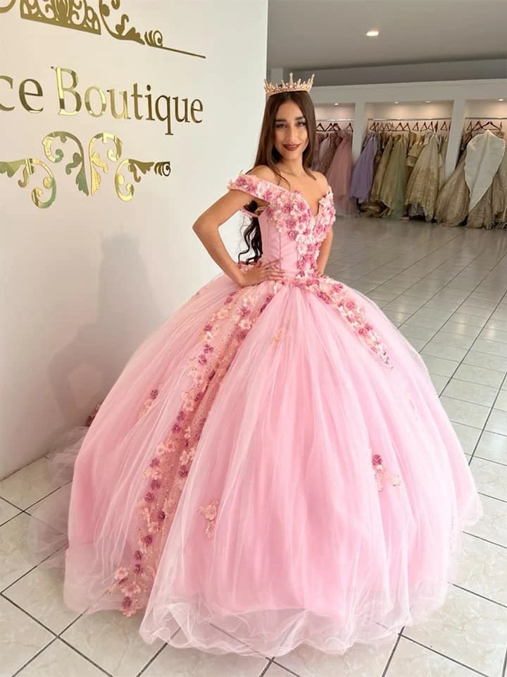 Pink Princess Quinceanera Dresses Ball Gown Off The Shoulder Tulle Appliques Sweet 16 Dresses 15 Años Custom