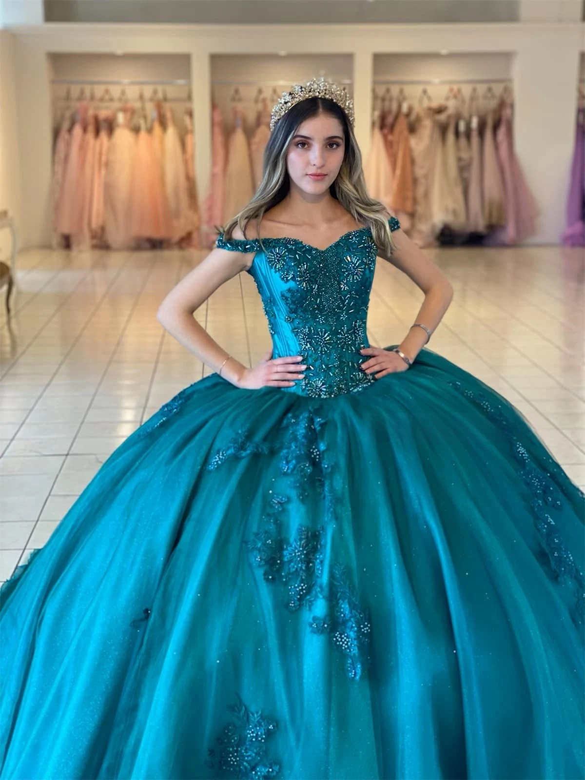 Teal Blue Princess Quinceanera Dresses Ball Gown Off The Shoulder Tulle Appliques Sweet 16 Dresses 15 Años Mexican