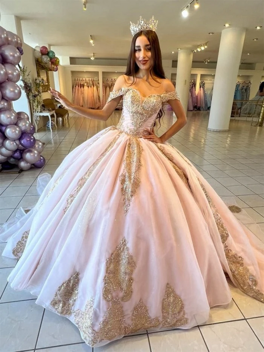 Champagne Princess Quinceanera Dresses Ball Gown Off The Shoulder Tulle Appliques Sweet 16 Dresses 15 Años Mexican
