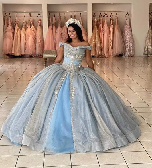 Sky Blue Quinceanera Dresses Ball Gown Off The Shoulder Sequins Beaded Sweet 16 Dresses 15 Años Mexican