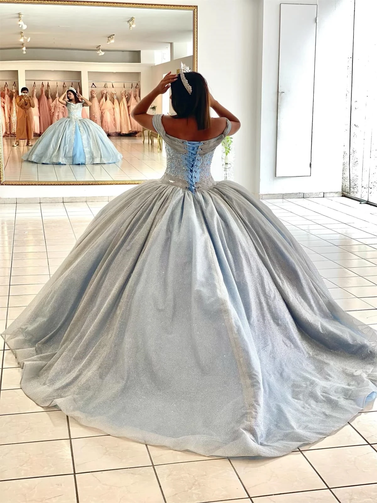 Sky Blue Quinceanera Dresses Ball Gown Off The Shoulder Sequins Beaded Sweet 16 Dresses 15 Años Mexican