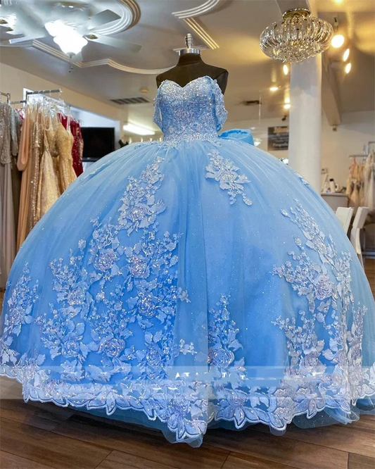 Princess Blue Off The Shoulder Ball Gown Quinceanera Dress Beaded Birthday Prom Dresses Appliques Graduation Gown Vestido De 15