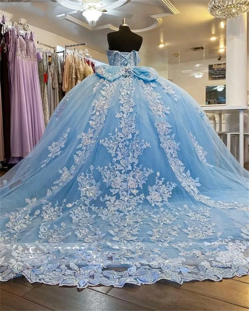 Princess Blue Off The Shoulder Ball Gown Quinceanera Dress Beaded Birthday Prom Dresses Appliques Graduation Gown Vestido De 15