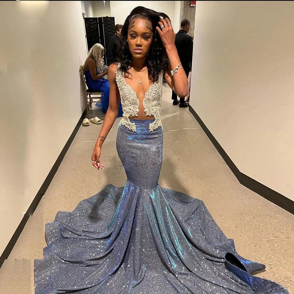 Glitter Blue Sequins Mermaid Prom Dresses 2023 for Graduation Party Sheer Mesh Top Birthday Gowns Sweep Train Vestidos De Novia