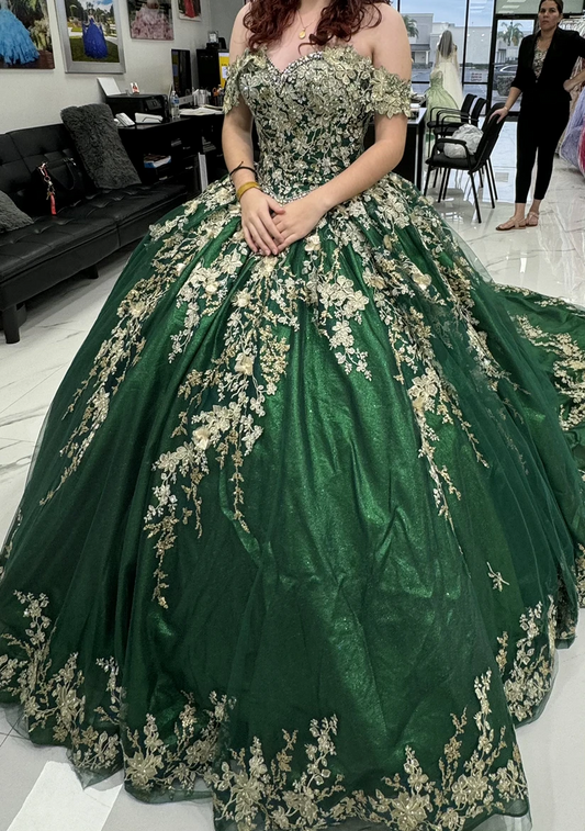 Emerald Green Lace Appliquees Quinceanera Dresses Ball Gown 2024 Off Shoulder Beaded Sweet 16 Dress Birthday Gowns Vestidos De 1