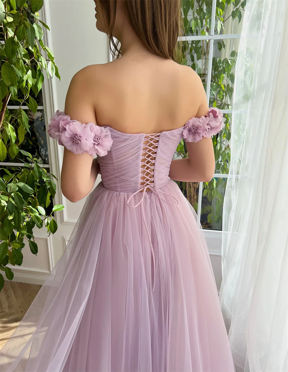 Elegant 3D Flower Dress Princess A-line Evening Dresses Sweet Side Split Vestidos De Noche Tulle Train Prom Dress