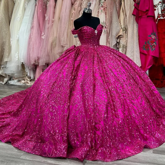 Fuchsia Purple Sparkly Princess Quinceanera Dresses Off Shoulder Gillter Crystal Sequins Prom Sweet 15 vestidos de cerimonia