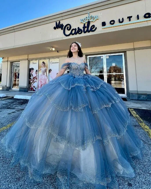 Grey Blue Sparkly Princess Quinceanera Dresses Off Shoulder Luxury Crystal Tiered Skirt vestido xv años Sweet 15 Prom