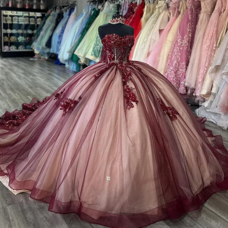 Burgundy Princess Luxury Quinceanera Dresses Beaded Floral Applique Boning Corset vestidos para 15 años Sweet 16 Chapel Train