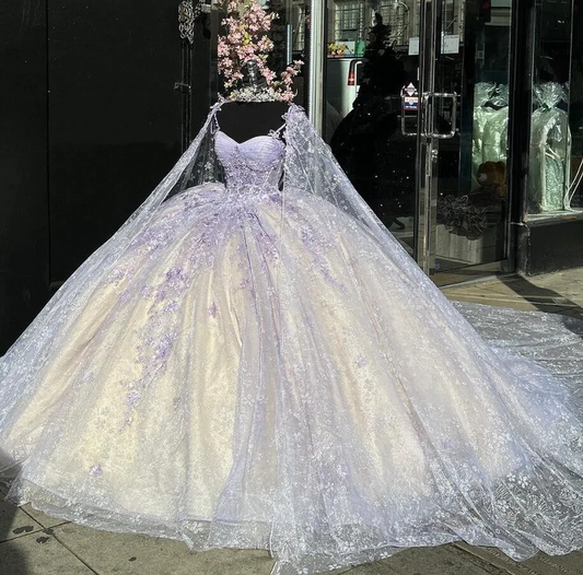 Light Purple Mexican Quinceanera Dressess with Cape Luxury Butterfly Applique vestido 15 quinceañeras Corset Prom Lace Up