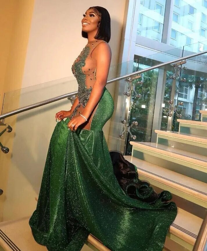 Emerald Green Mermaid Black Girl Evening Dress for Women Diamond Crystal Sheer Mesh Prom Birthday Gala Gown