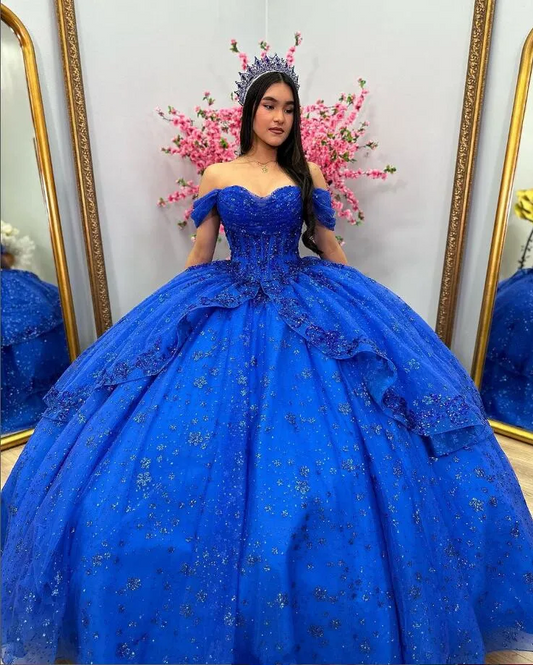 King Blue Sparkly Quinceanera Dresses Off Shoulder Fairy Skirt Applique Sequins robe de princesse bleu royale Sweet 15 robe gown