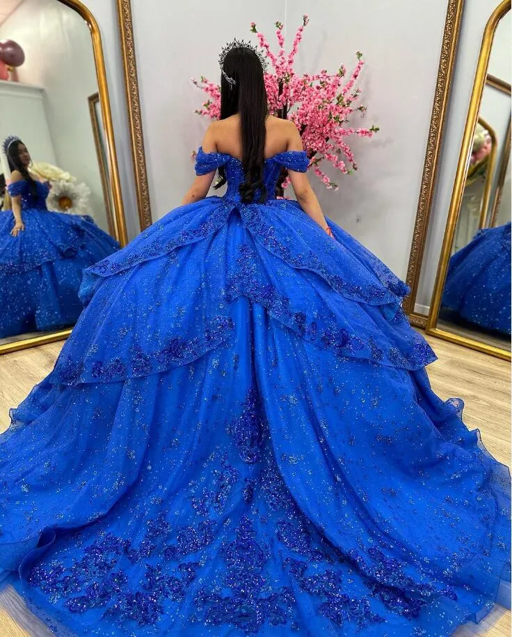 King Blue Sparkly Quinceanera Dresses Off Shoulder Fairy Skirt Applique Sequins robe de princesse bleu royale Sweet 15 robe gown