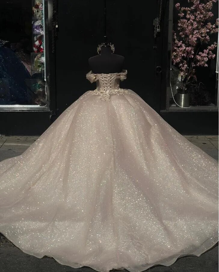 Champagne Sparkly Princess Quinceanera Dresses Off Shoulder Gillter Corset vestidos de 15 años quinceañeras Sweet 16 prom