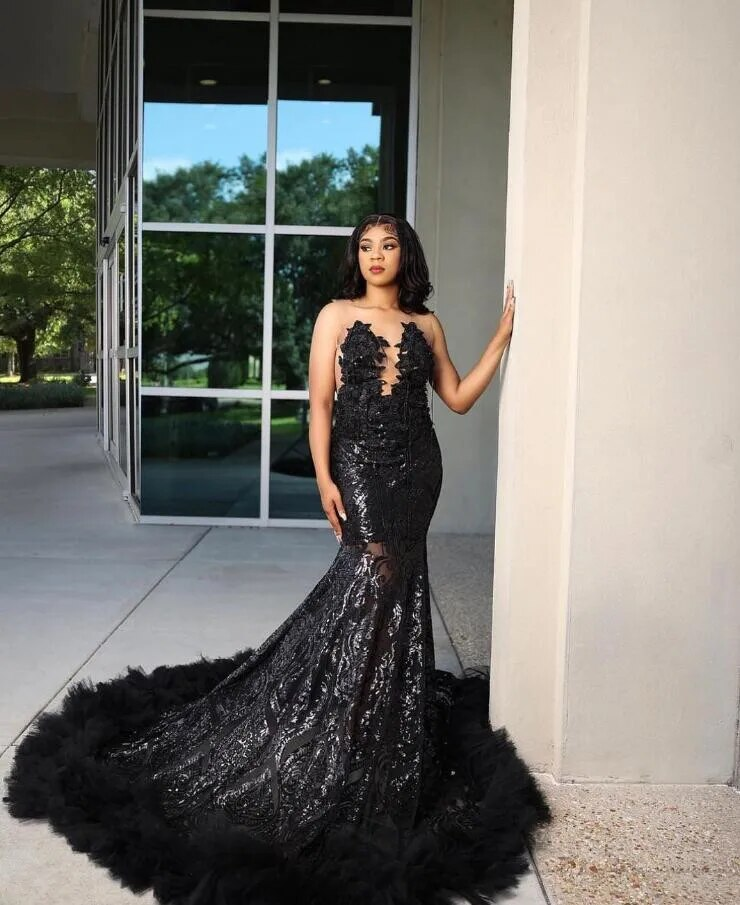 Sparkly African Trumpet Evening Formal Dresses Luxury Diamond Sequins Tassel Ruffles Black Girl Prom Slay Gown for Women