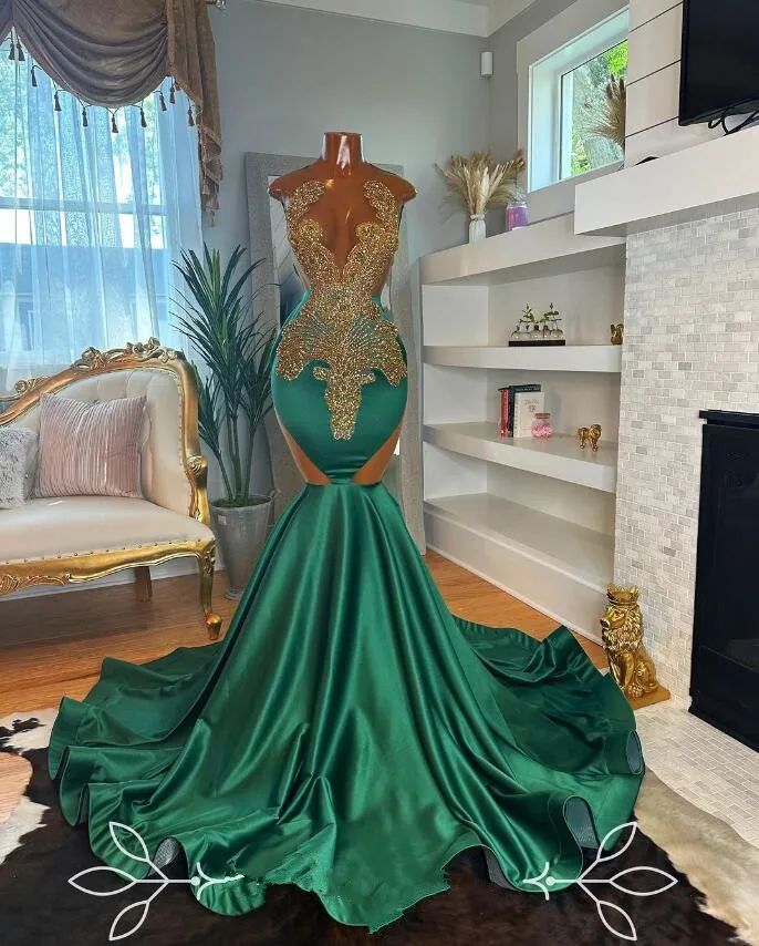 Satin Emerald Green Gold Long Evening Formal Dress for Women Sparkly Crystal Beaded Black Girl Prom Gala Gown