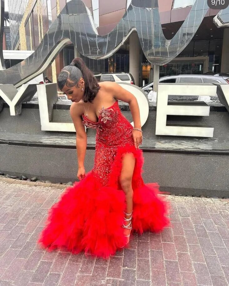 Red Luxury African Mermaid Prom Recaption Dress for Women Sweetheart Sexy Slit Black Girl Graduation Evening Gown 2024