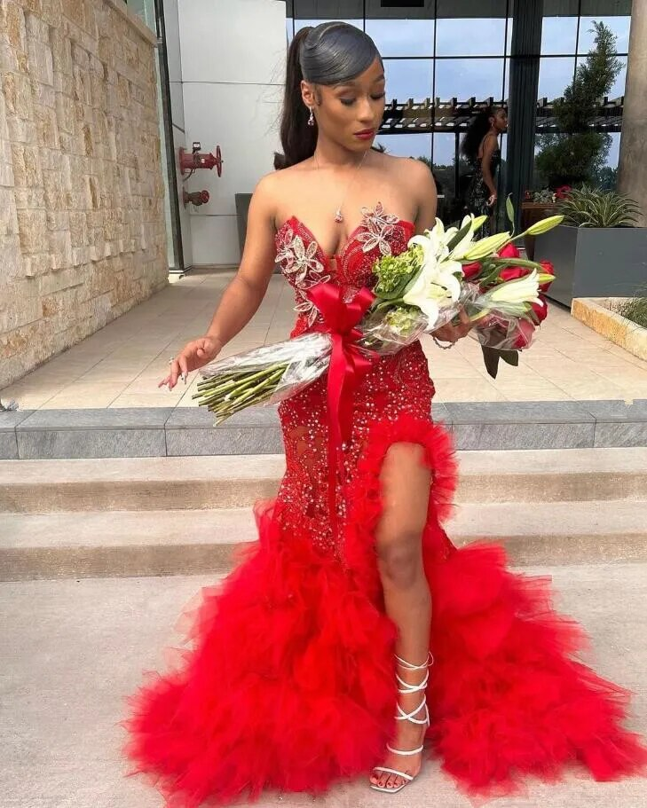 Red Luxury African Mermaid Prom Recaption Dress for Women Sweetheart Sexy Slit Black Girl Graduation Evening Gown 2024