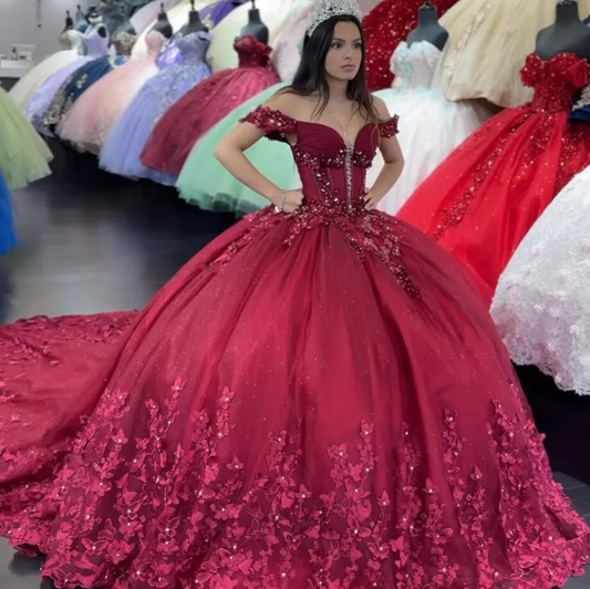 Burgundy Saprkly Quinceanera Dresses Off Shoulde Princess Boning Applique Crystal vestidos de quinceañera Sweet 15 Prom