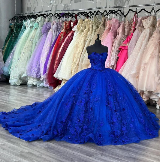 King Blue Princess Quinceanera Dresses Sweetheart 3D Floral Applique vestidos de 15 años Sweep Train Prom Lace Up sweet 16