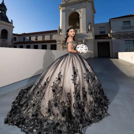 Black Chamapgne Gothic Quinceanera Dresses Off Shoulder 3D Applique vestidos de 15 quinceañeras Prom Sweet 16 Lace Up