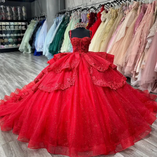 Red Sparkly Princess Quinceanera Dresses Floral Applique Boning Corset vestidos de 15 quinceañera 2024 Prom Lace Up
