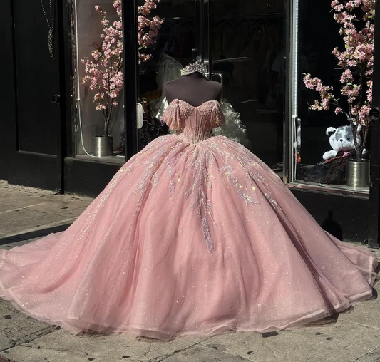 Rose Pink Princess Sparkly Quinceanera Dresses Off Shoulder Gillter Applique Crystal Sweet 15 vestido cinderela debutante