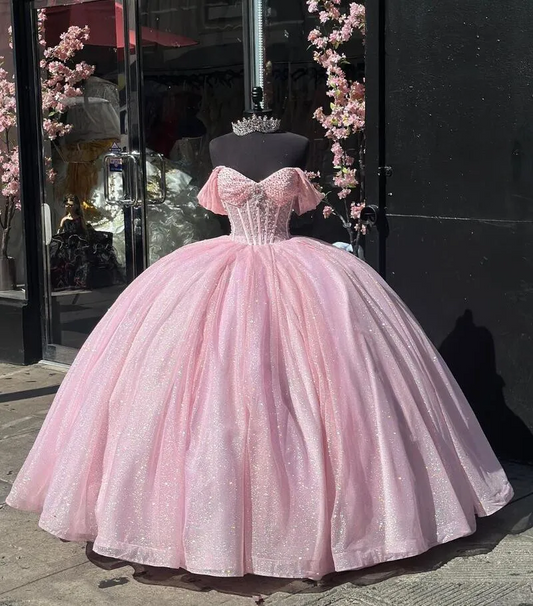 Pink Sparkly Princess Quinceanera Dresses Off Shoulder Boning Crystal Gillter Skirt vestidos de fiesta de 15 quinceañera