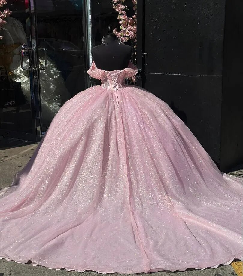 Pink Sparkly Princess Quinceanera Dresses Off Shoulder Boning Crystal Gillter Skirt vestidos de fiesta de 15 quinceañera