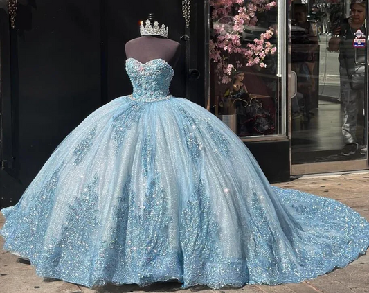 Sky Blue Sparkly Princess Quinceanera Dresses Sweetheart Gillter Applique Crystal Sweet 15 vestido de xv años 2024 Prom