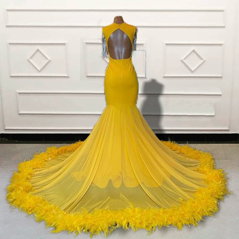 Black Girls Beaded Feathers Mermaid Long Prom Dresses 2023 for Graduation Party Luxury Yellow Women Custom Formal Evening Gown