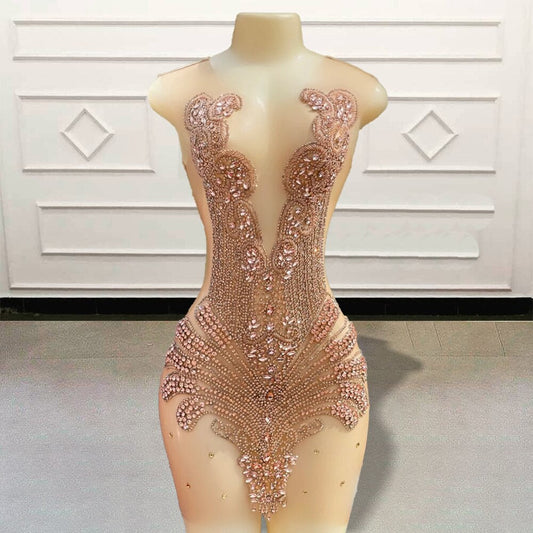 Sexy Sheer Short Prom Dresses 2023 Stunning Crystal Beaded Diamond Black Girls Mini Cocktail Gown for Birthday Party Custom Made